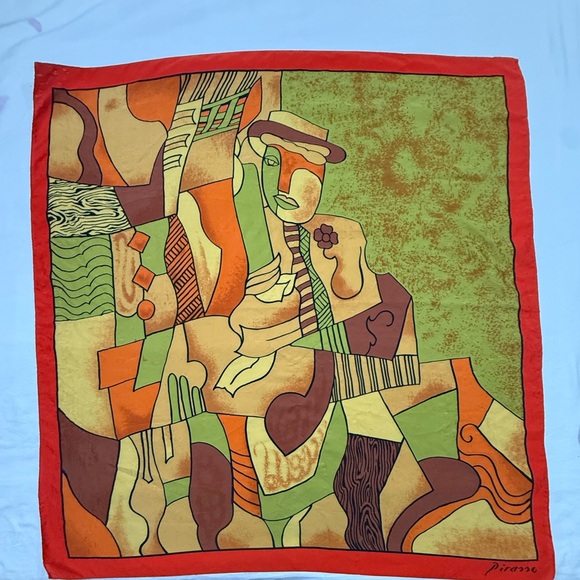 Accessories - Picasso Style Art Scarf 33x35 Abstract Print Red Border Boho Wrap